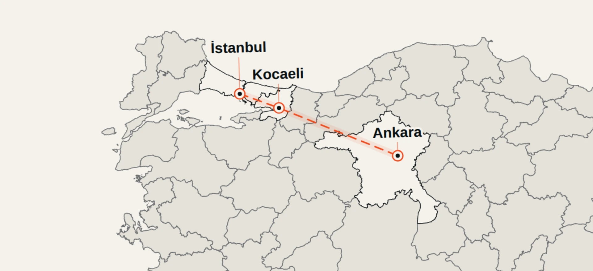 Türkiye'nin 81 il sınırı ile İstanbul, Kocaeli ve Ankara Tier 3 veri merkezi şehirlerini gösteren yakın harita. İşaretler şehir merkezidir, tesis adresi değildir.