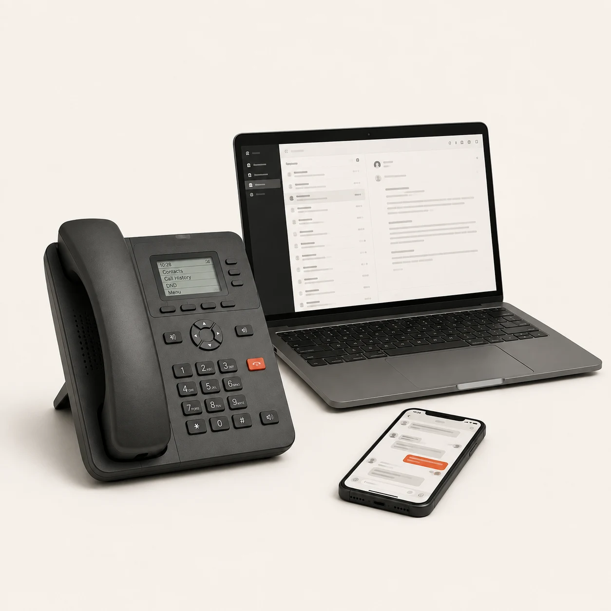 Santral, mesajlaşma ve interneti temsil eden masa telefonu, cep telefonu ve dizüstü bilgisayar