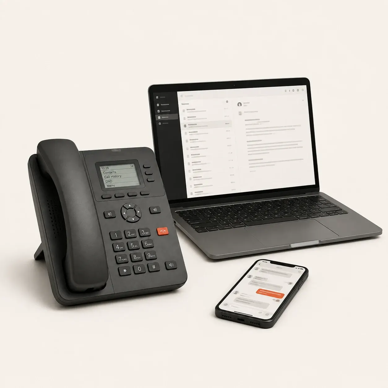 Santral, mesajlaşma ve interneti temsil eden masa telefonu, cep telefonu ve dizüstü bilgisayar