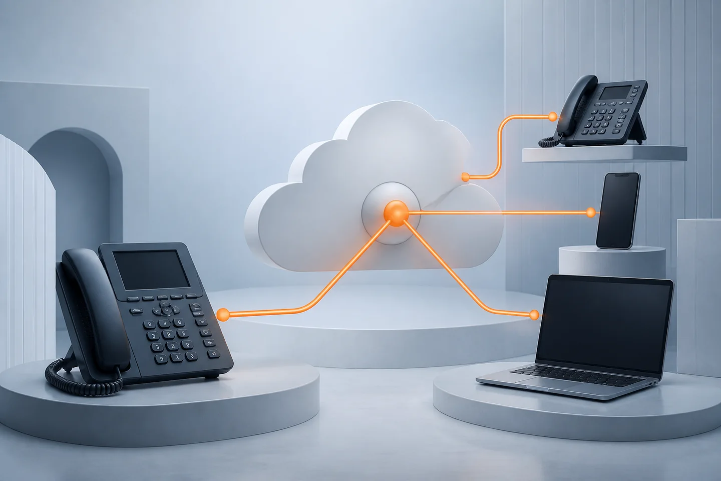 Bulut santral üzerinden masa telefonu, mobil cihaz ve bilgisayara yönlenen çağrı akışı