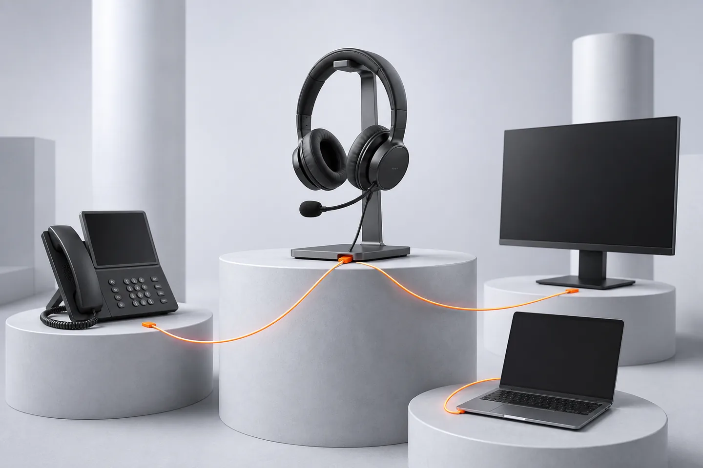 Çağrı merkezi temsilci konumunda kulaklık, masa telefonu, monitör ve dizüstü bilgisayarın turuncu bağlantı hatlarıyla birbirine bağlandığı sahne