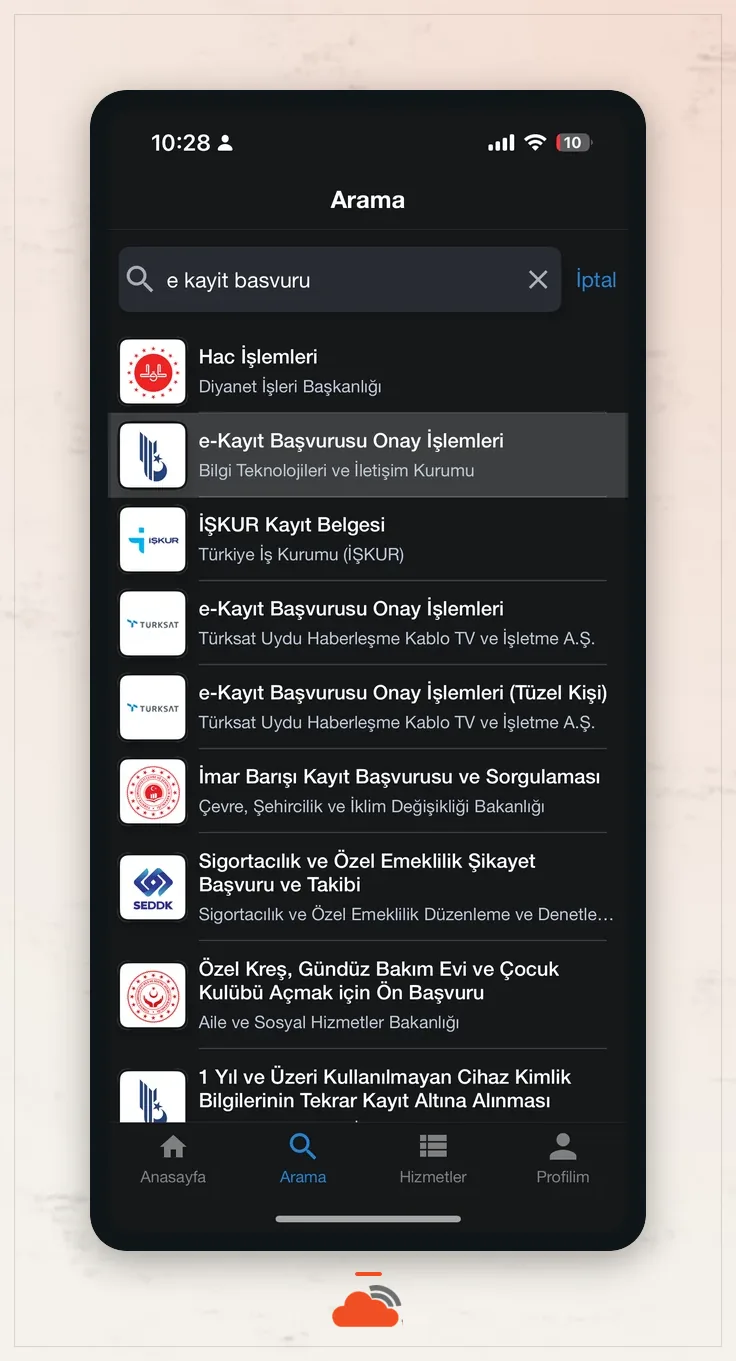 Mobil aramada BTK e-Kayıt Başvurusu Onay İşlemleri sonucu