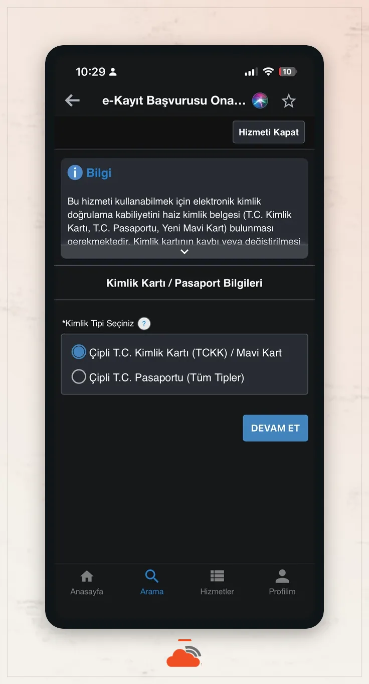 Mobil uygulamada çipli T.C. kimlik kartı ve pasaport seçenekleri