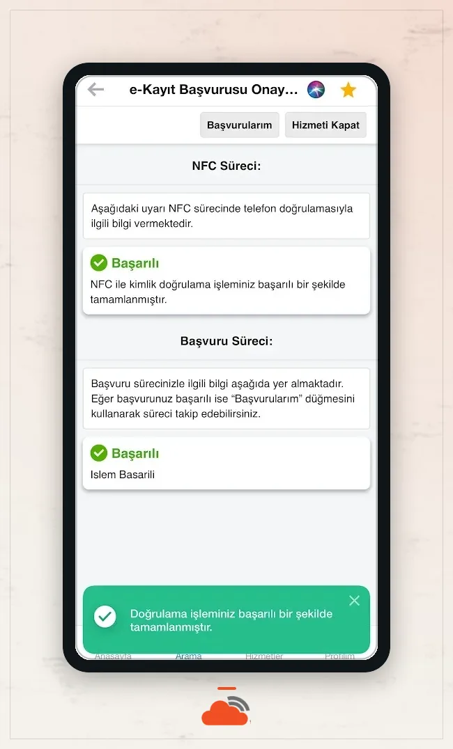 e-Devlet kimlik doğrulaması ve başvuru işlemi başarı sonucu