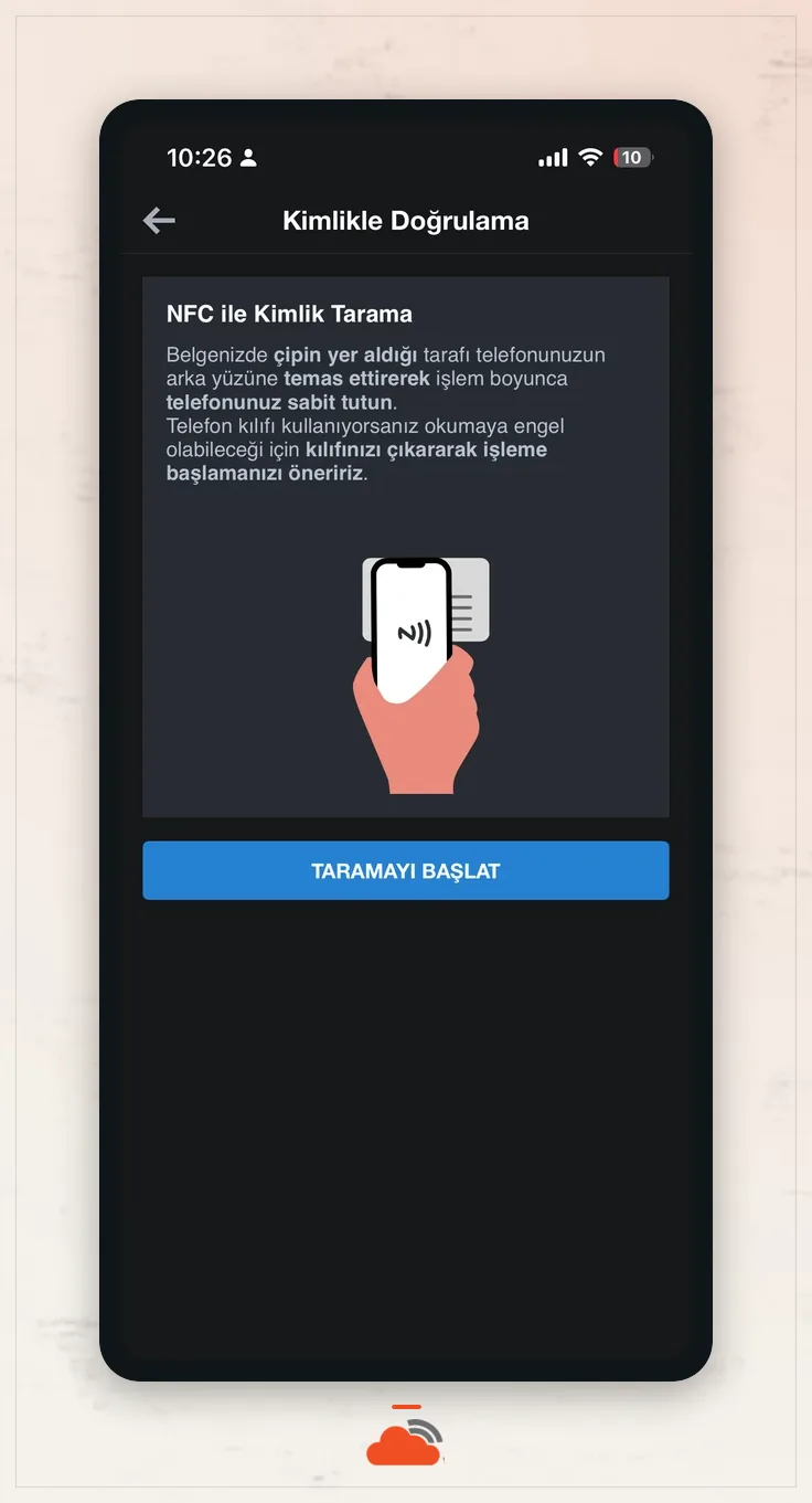 NFC taramasını başlatıp kimliği telefonun arkasında sabit tutma ekranı