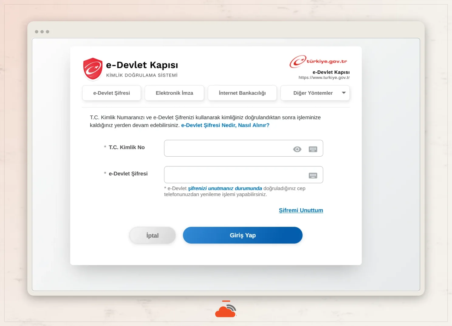 turkiye.gov.tr giriş ekranında T.C. kimlik numarası ve e-Devlet şifresi alanları