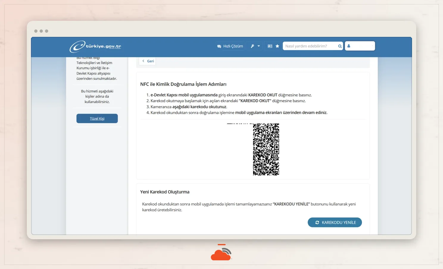 Bilgisayar ekranındaki karekod ve NFC ile kimlik doğrulama adımları